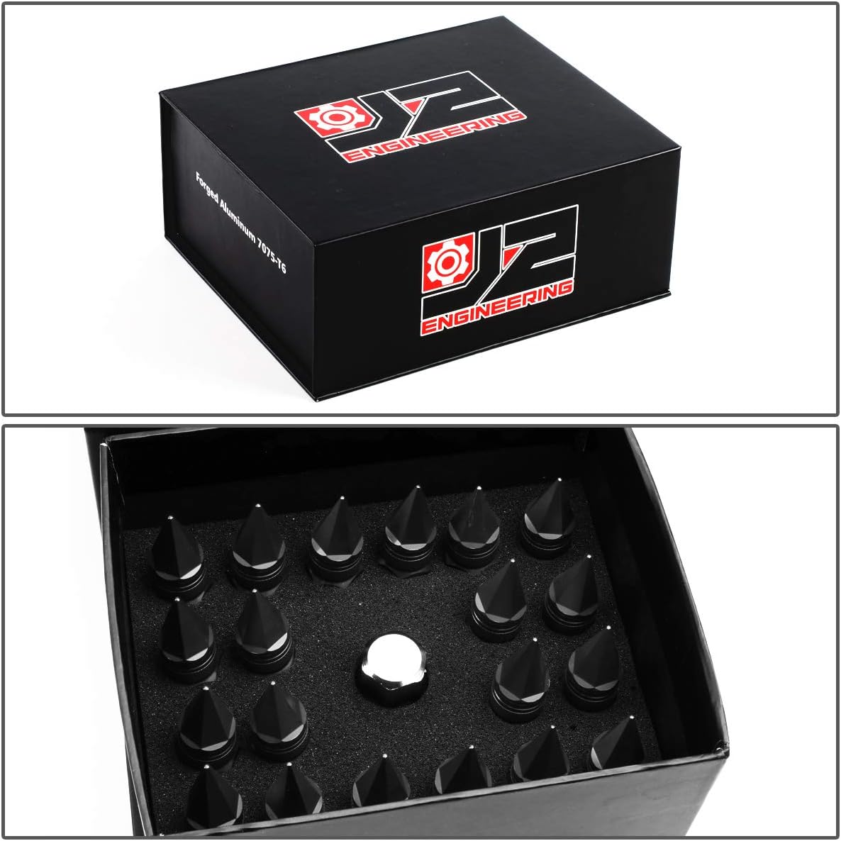 J2 Engineering LN-T7-022-15-BK 7075 Aluminum Black M12X1.5 20Pcs L: 80mm Spiky Cap Lug Nut w/Adapter