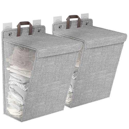 Piyquintic GRAY LARGE 2PCS Folding Laundry Basket ,Set Of 2 Wall-Mounted Laundry Baskets,Laundry Basket Hanging cover