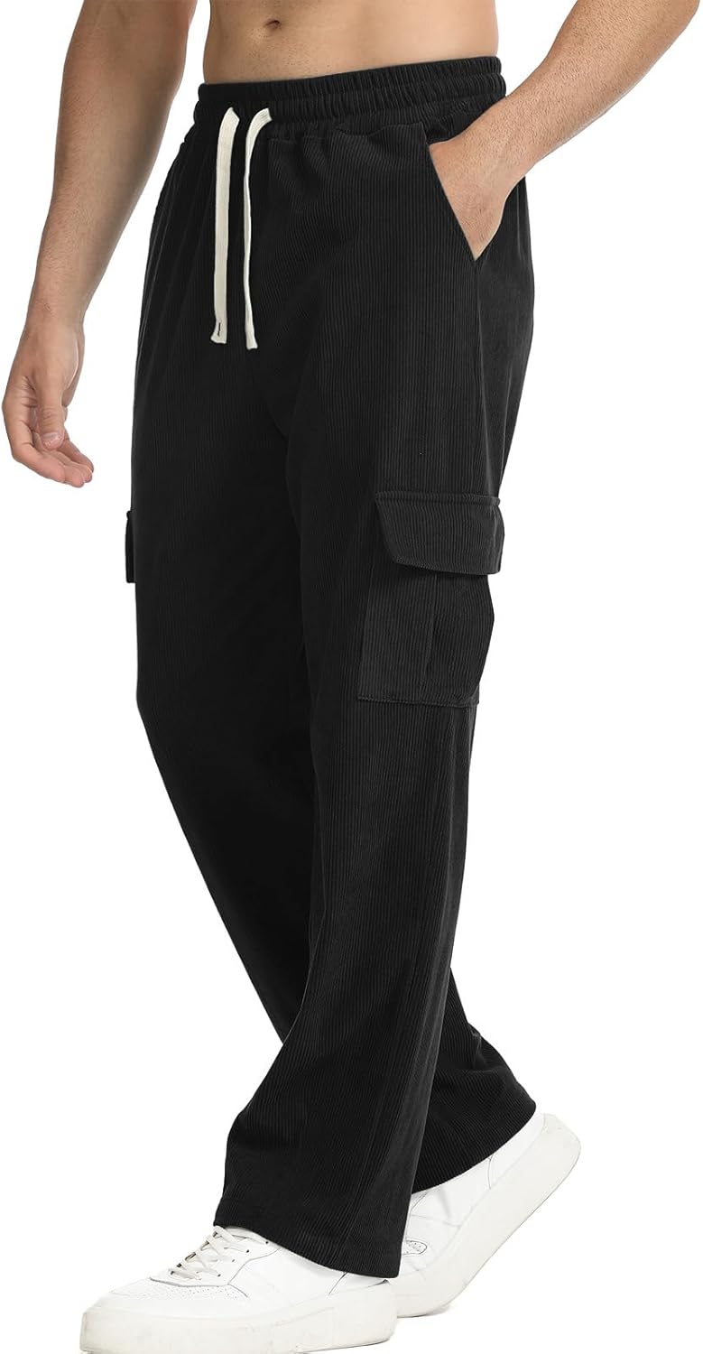 Suwangi Men's Baggy Cargo Corduroy Pants Casual Drawstring Elastic Waist Straight Leg Vintage Sweatpants for Men with Pockets - Image 5