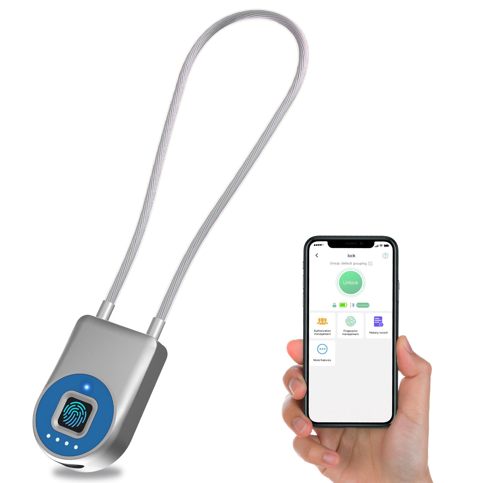 Fingerprint Cable Lock, Eseesmart Long Shackle Fingerprint Padlock with APP Control, Cabinet Lock, Luggage Lock, Outdoor Waterproof Padlock for Gym Locker, Cabinets, Gate, Blue