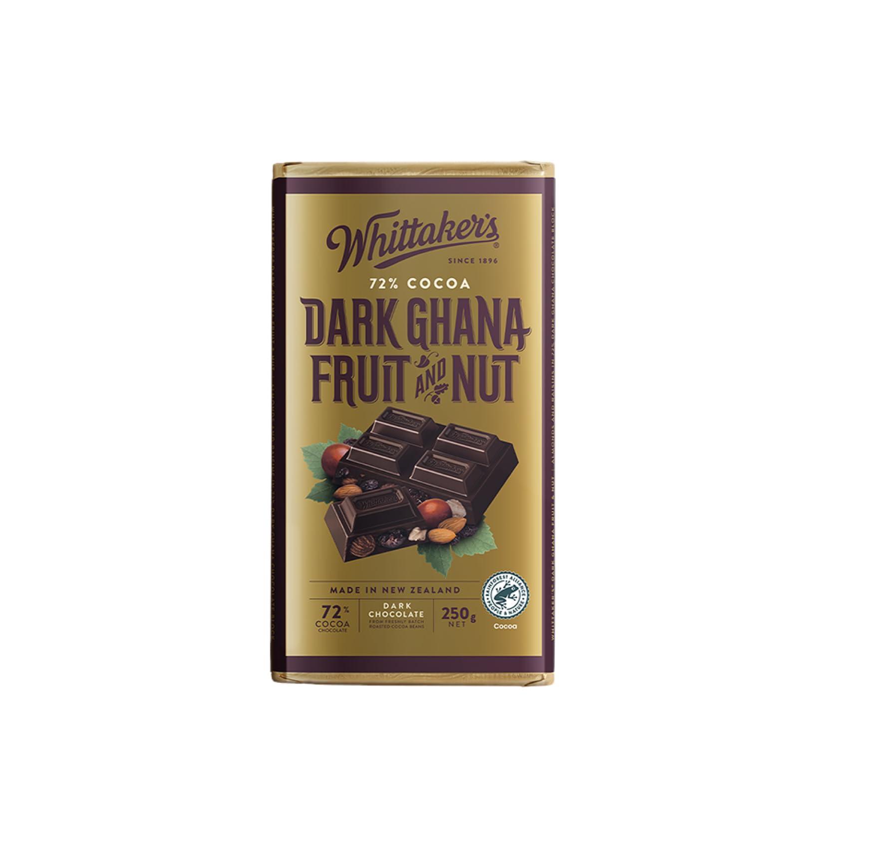 Whittaker's Classic Block, Crafting New Zealand’s finest chocolate since 1896, Imported from New Zealand (Pack of 1, 72% Dark Ghana Fruit & Nut, 250 Gram)