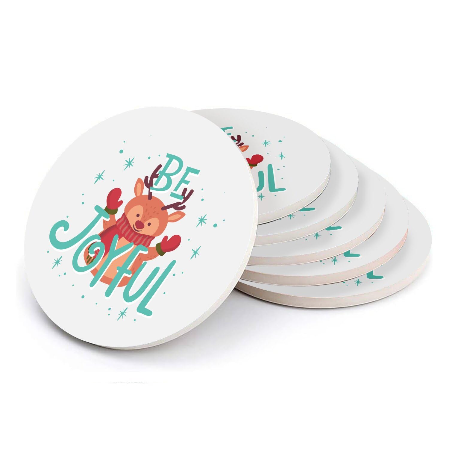 Sous verre ronds en céramique avec illustration de renne de Noël - Lot de 6 dessous de verre hivers