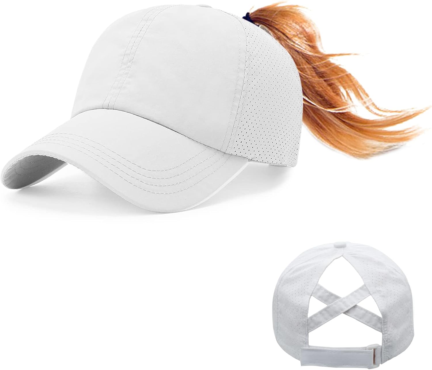 Czapka baseballowa z końskim ogonem, czapka baseballowa z otworem w koński ogon, regulowana, oddychająca, letnia czapka do uprawiania sportu, biały, jeden rozmiar