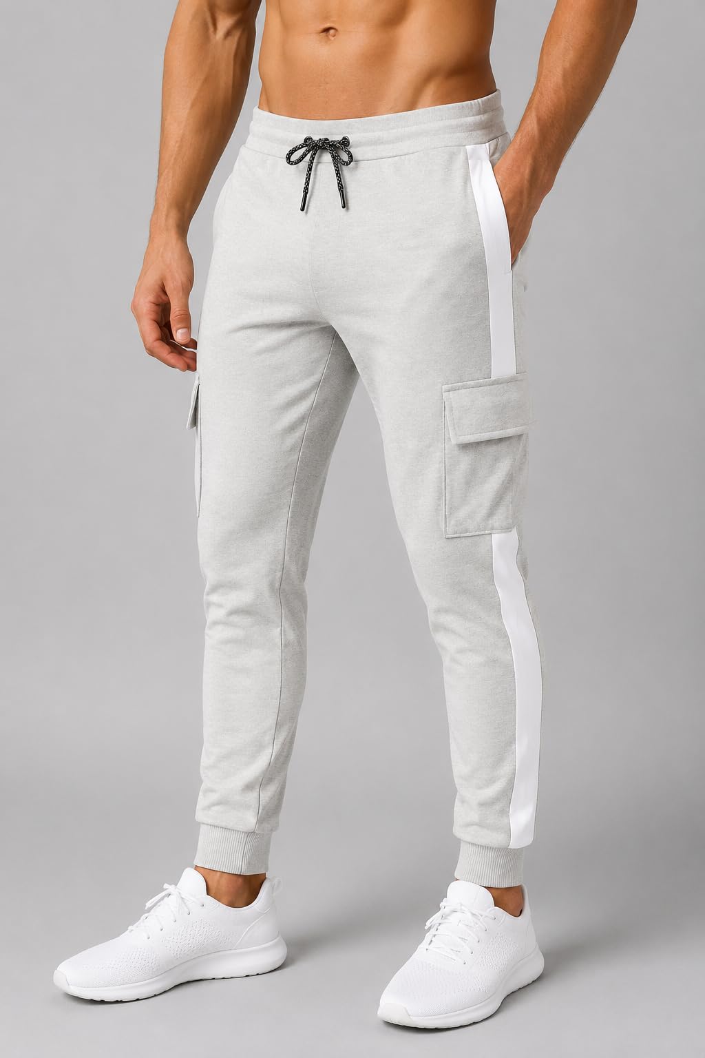 plus size lycra track pants for men | stretchable jogger pants | side stripe cargo design | daily gym & sports wear