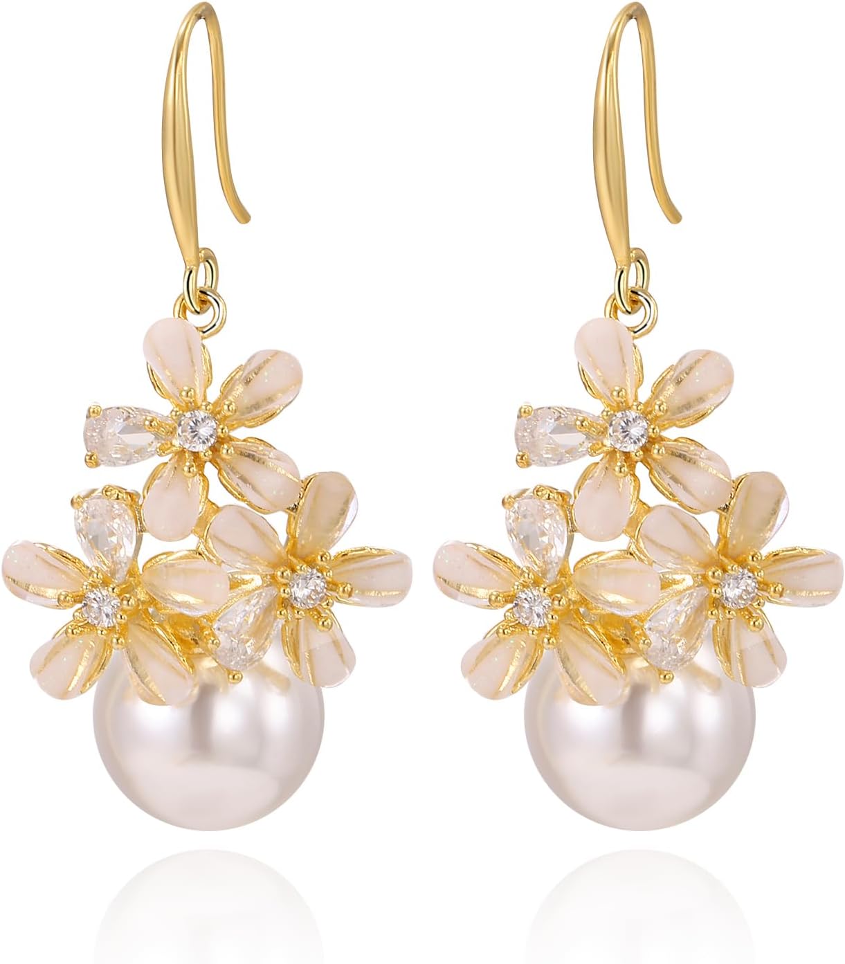 Flower Pearl Drop Dangle Earring For Women,Metal Boho Flower Petal Elegant Jewelry Hook Earrings for Prom Wedding Brides