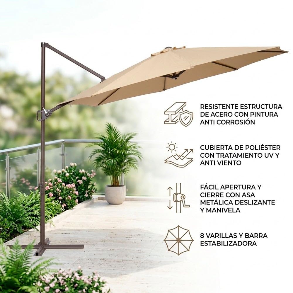 MONTY Parasol excéntrico alta RESISTENCIA, de Ø300 cm, Beige, mástil Ø48mm de Acero Marrón Topo, con Antiviento, Manivela y barra Estabilizadora, Elegante y Duradero, tratamiento Anti-corrosión