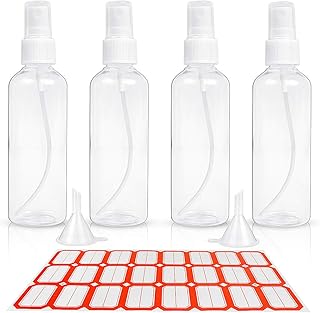 HTHL 4 PCS Set 100ML Spray Bottles Plastic Transparent Mist Spray Bottles with 2 Funnels and 1 Sheet Label Empty Travel Atomiser Refillable Liquid Containers for Perfume Cosmetic and Liquids