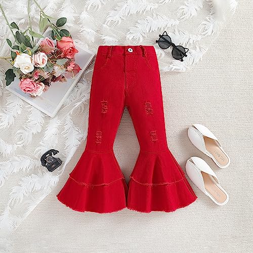 IWEMEK Toddler Girls Ruffle Ripped Jeans Bell Bottom Flare Pants Ripped Denim Leggings Trousers Elastic Waist Ruffle Pants2