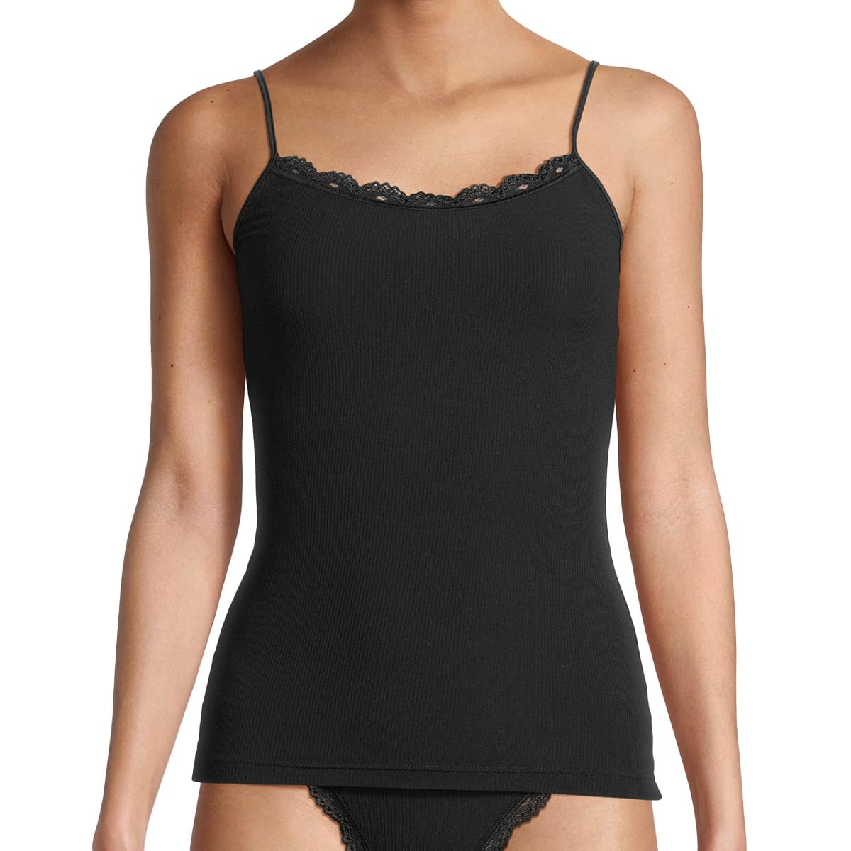 Nina von C 3er Pack Body & Soul Damen Spaghetti Top, hochelastische Micromodal-Rippe, Spitzenabschlüsse in Häkeloptik, 95% Modal, 5% Elastan