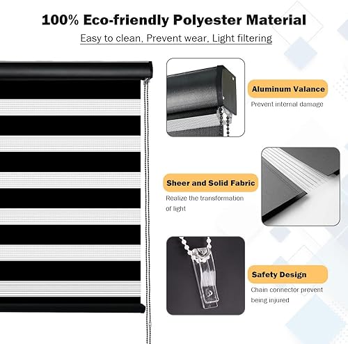 Miniatura 2 de Kokorona Zebra - Persianas enrollables para ventanas, de doble capa con cenefa, color negro, 34 pulgadas de ancho x 72 pulgadas de alto