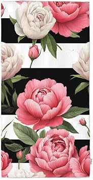 oFloral Peony and Rose Floral Hand Towels Cotton Washcloths,Pink Flower Green Leaves with Black White Stripes Soft Towels for Bathroom Kitchen,Hand Towel 15X30 Inch