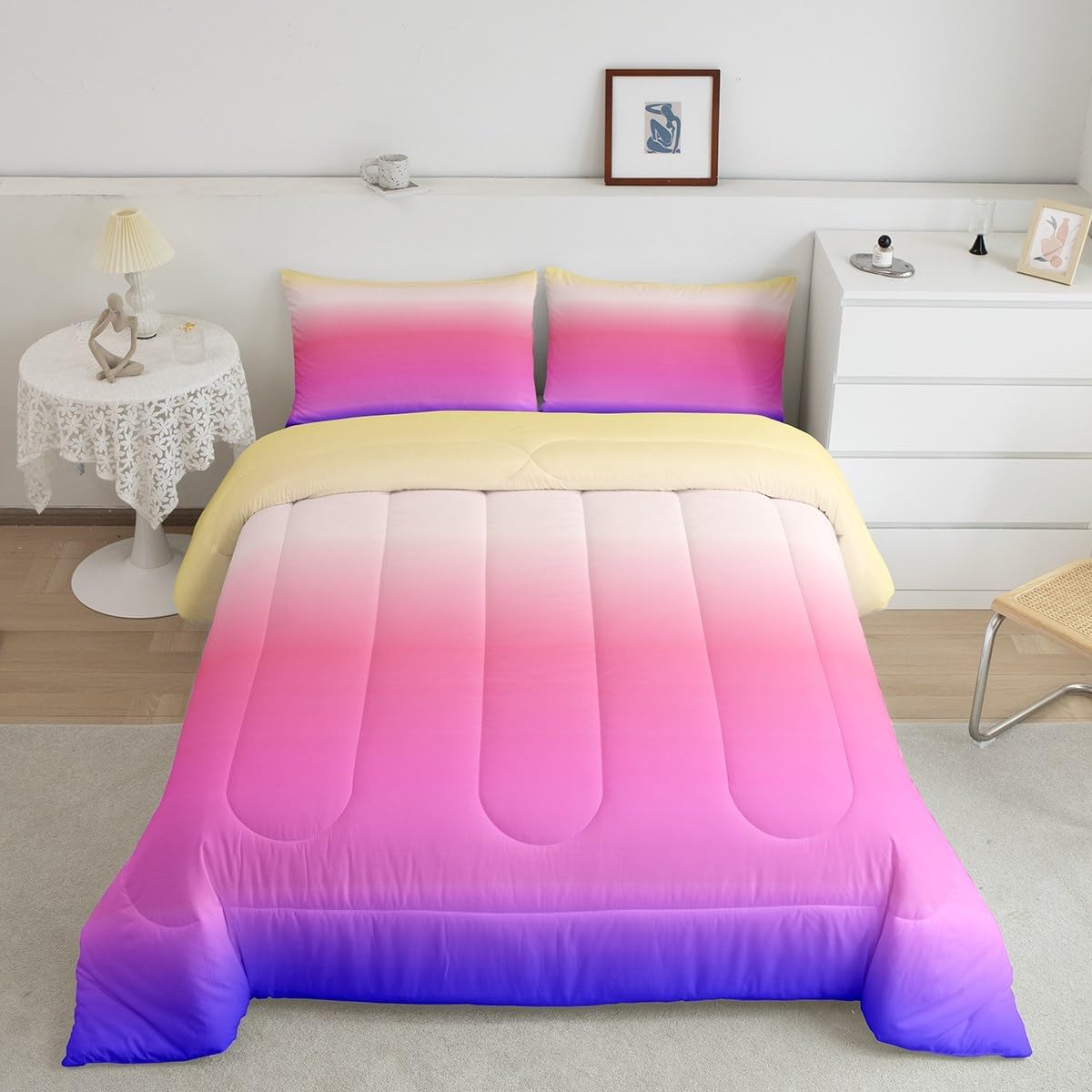 Feelyou Ombre Comforter King, Pink Purple Gradient Duvet Set - 3Pcs