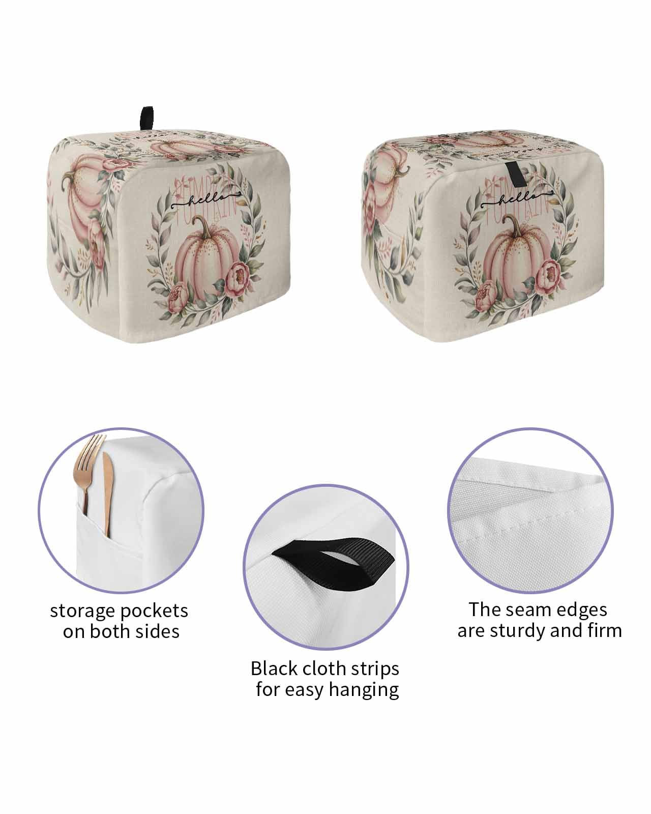 Fall Toaster Cover 2 Slice, Pumpkin Leaves Flowers Linen Texture Bread Maker Dust Cover with Pockets for Kitchen Small Appliance 12x7.5x8in