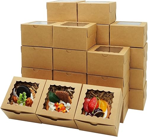 100 cajas de galletas de 4 x 4 x 2.5 pulgadas cajas de panadería con ventana, cajas de golosinas, cajas de postre, cajas de canela, papel kraft