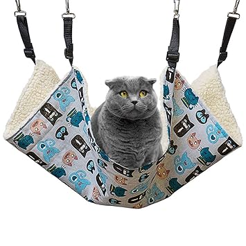 Large Hanging Cat Hammock Bed for Cage or Chair | Pet Hammock with Adjustable Strap | Reversible 2 Sides Soft Pet Bed for Kitten, Ferret, Bunny, Rabbit, Rat or Other Small Pet (22.8?18.5in)