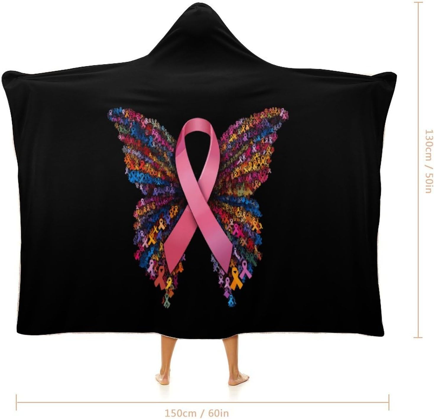 Breast Cancer Ribbon Butterfly Wearable Blanket Oversized Throw Cape | Cozy Hooded Blanket Gifts for Women Men