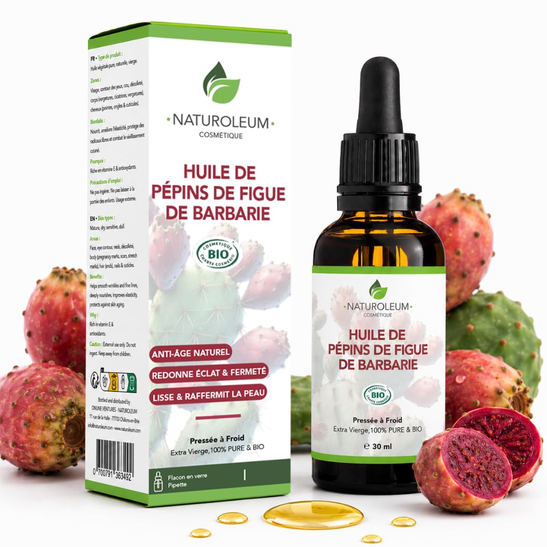 Huile de Pépins de Figue de Barbarie Bio 100% Pure, Pression à Froid, Anti âge, Régénérante, Rides Peau Mature, Riche en Vitamine E, Visage, Flacon Verre Pipette 30 ml