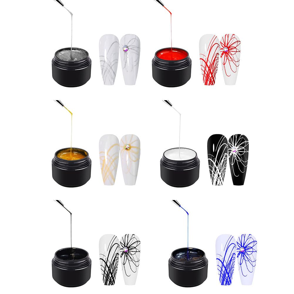 6pcs Colors Spider Gel,Painting Elastic Drawing Spider Gel,Elastic Silk Drawing Nail Gel Long Spider Nail Polish Fake Nails Phototherapy for Women DIY Nail Art Manicure Glue