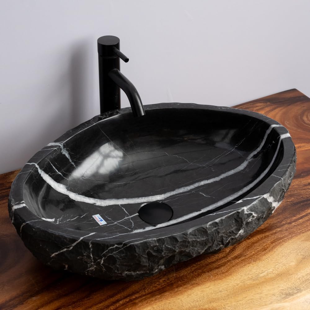 Organic Freeform Hand-Carved Black Marble Vessel Sink – Stone Sink with Chiseled Exterior & Natural White Veining – One-of-a-Kind Rustic Luxury Bathroom Sink