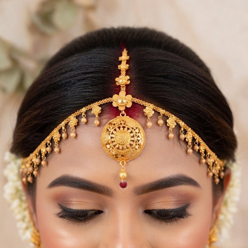 Efulgenz Gold Tone Indian Jewelry for Women Dubai Style Matha Patti Headband Indian Gold Tone Round Floral Headpiece Wedding Mathapatti Bollywood Bridal Hair Jewelry for Women Hair Accessories