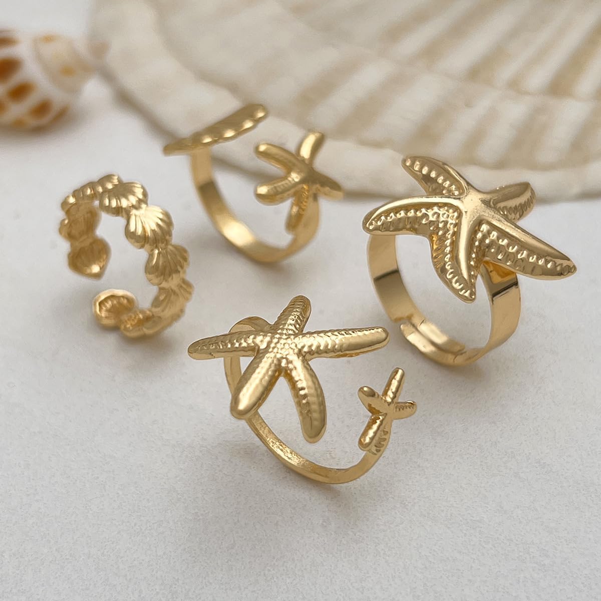 coadipress 16 Pairs Starfish Jewelry Set for Women 14K Gold Plated Seashell Necklace Starfish Earring Open Ring Seashell Layer Boho Bead Adjustable Bracelet For Summer Travel Holiday Vacation Party - Image 6