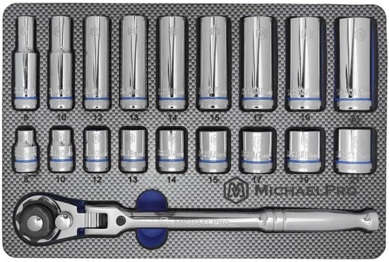 MichaelPro MP001228 19-Piece 3/8-Inch Drive Flex Head Ratchet and Socket Set, Reversible with Quick Release, No Popular Sizes Skipped