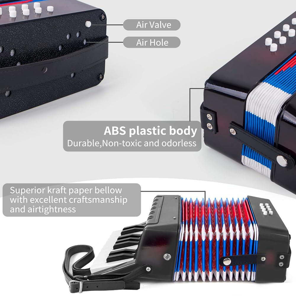 Accordeon Enfant, Accordéon 17 touches 8 basses pour enfants avec sangle ajustable, Accordéon Instrument Cadeau pour Débutants, Noir