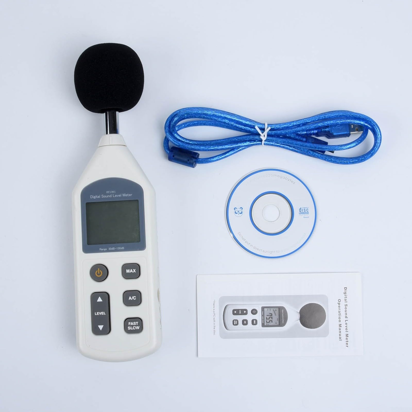 Medidor digital de nivel de sonido con pantalla LCD, precisión de ±1,5 dB, clasificación A/C, medición rápida/lenta, protocolo de datos para la industria y para obras de construcción, 30