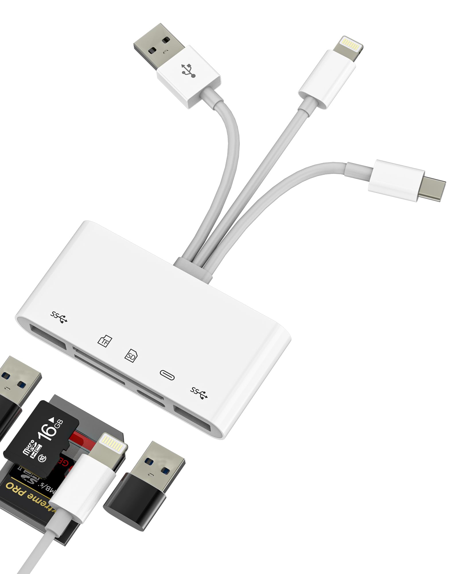 ライトニングとUSBとタイプC 変換MicroSD SDカードリーダー USB Lightning 充電変換アダプタ(5in1)対応iPhone iPad対応SamsungスマホとUSBメモリ アダプター 写真をType-C カードからデジカメ データ移行とUSB-C パソコン 転送アイフォンカメラotg 対応apple mfi認証USB3.0 メモリースティックコンパクトフラッシュAdapter