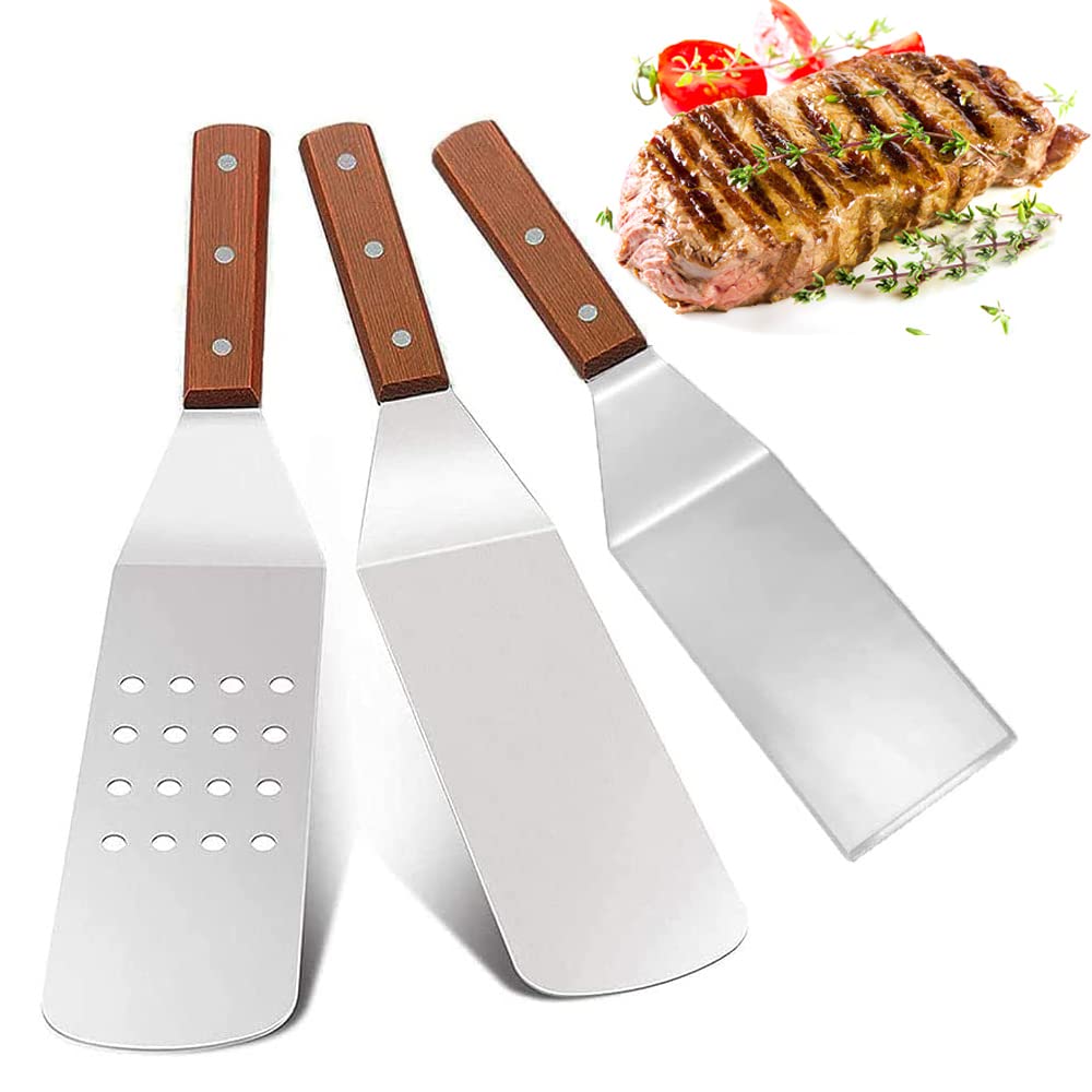 Set Spatules INOX 3 Pièces - Manche Bois - Pour Plancha/Barbecue - Antiadhésif - Parfait Cuisine Extérieur