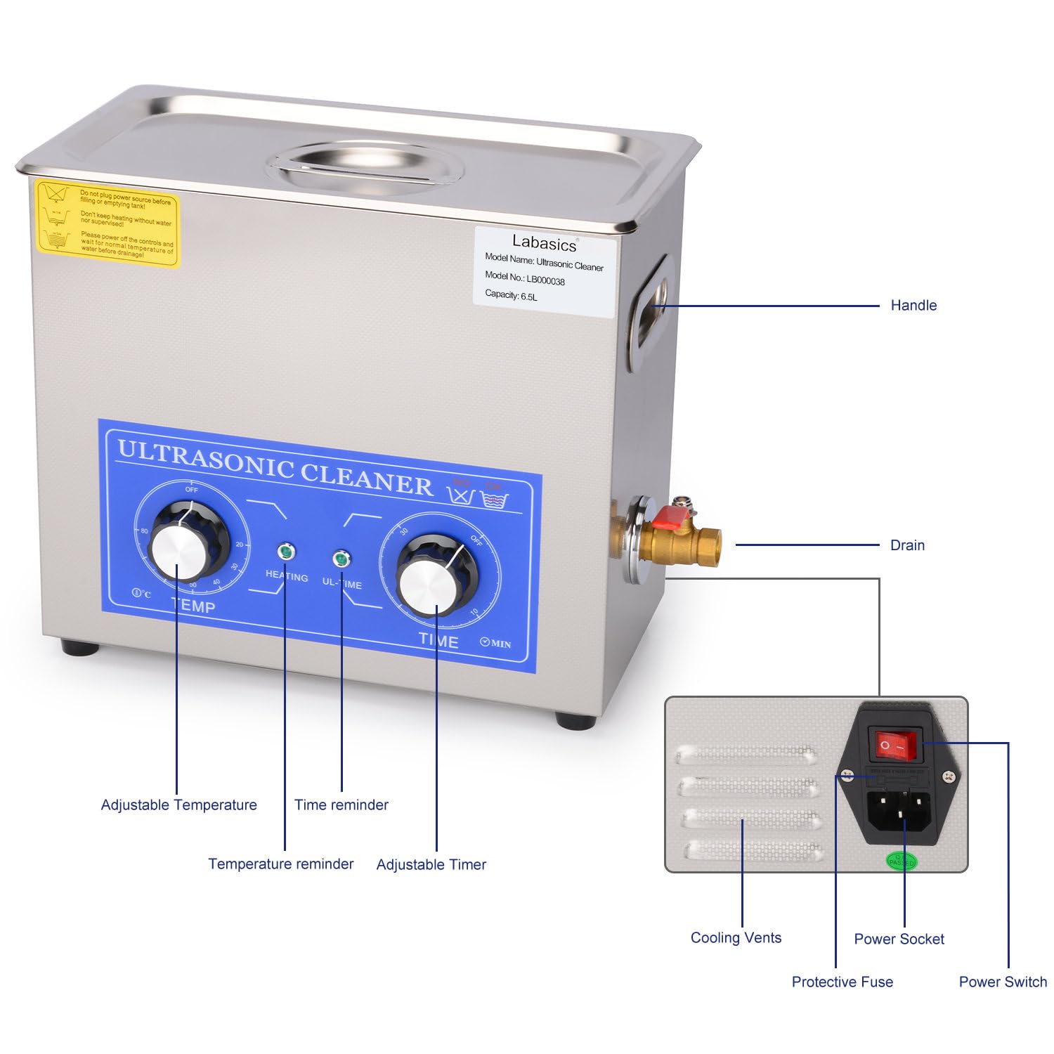 Labasics Myjka ultradźwiękowa 6,5 L ze stali nierdzewnej 304, profesjonalny cyfrowy oczyszczacz do laboratorium, z ogrzewaniem i timerem, panel mechaniczny, 40 kHz, 220V, do czyszczenia narzędzi i