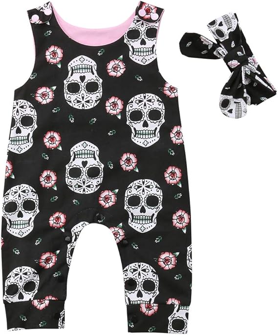 Muasaaluxi Newborn Baby Girls Boys Skull Floral Romper Jumpsuit Sleeveless Bodysuit Playsuit Headband Halloween Outfit