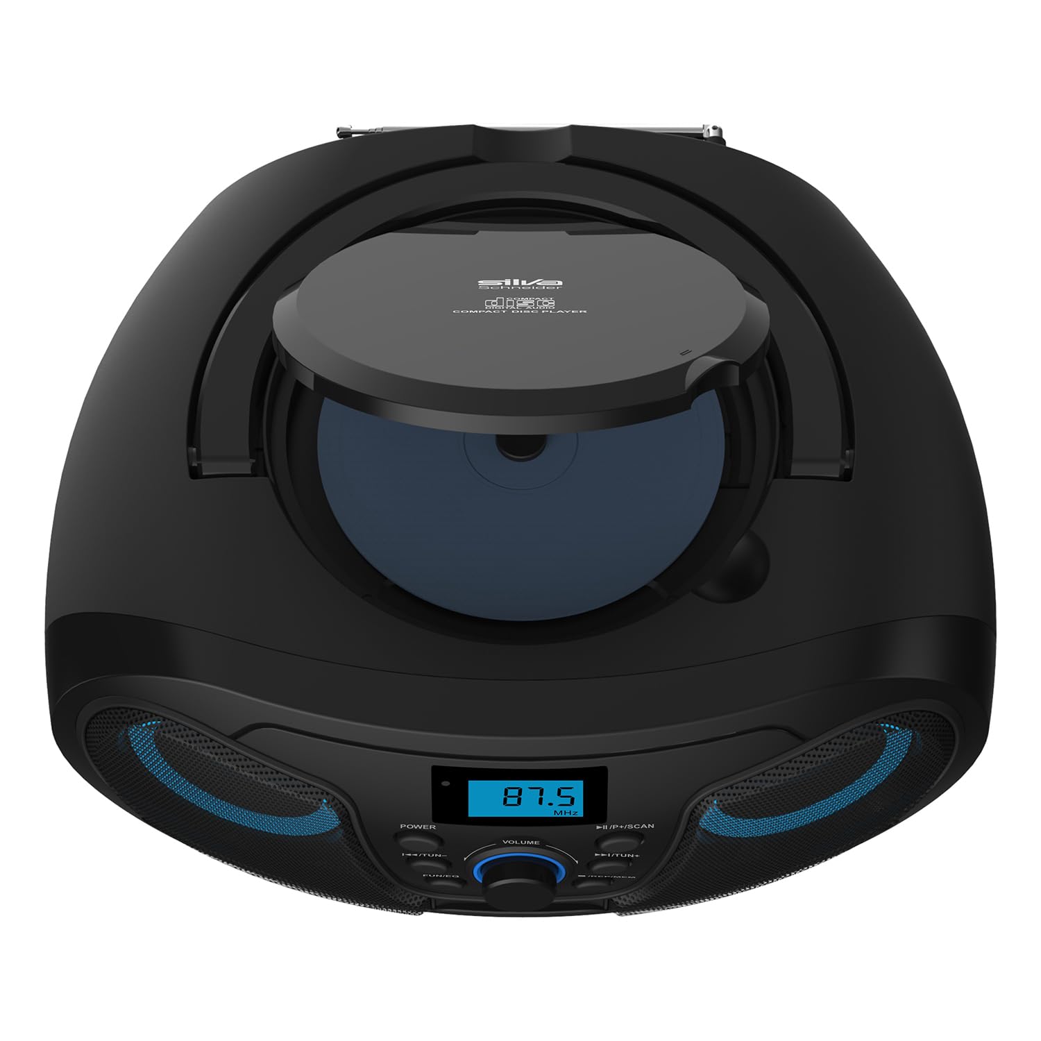 Silva Schneider MPC 25.4 USB – Tragbarer CD-Player mit UKW-Radio, USB für MP3, AUX & Kopfhöreranschluss, LCD-Display, 40 W p.m.p.o., Netz-/Batteriebetrieb – Schwarz