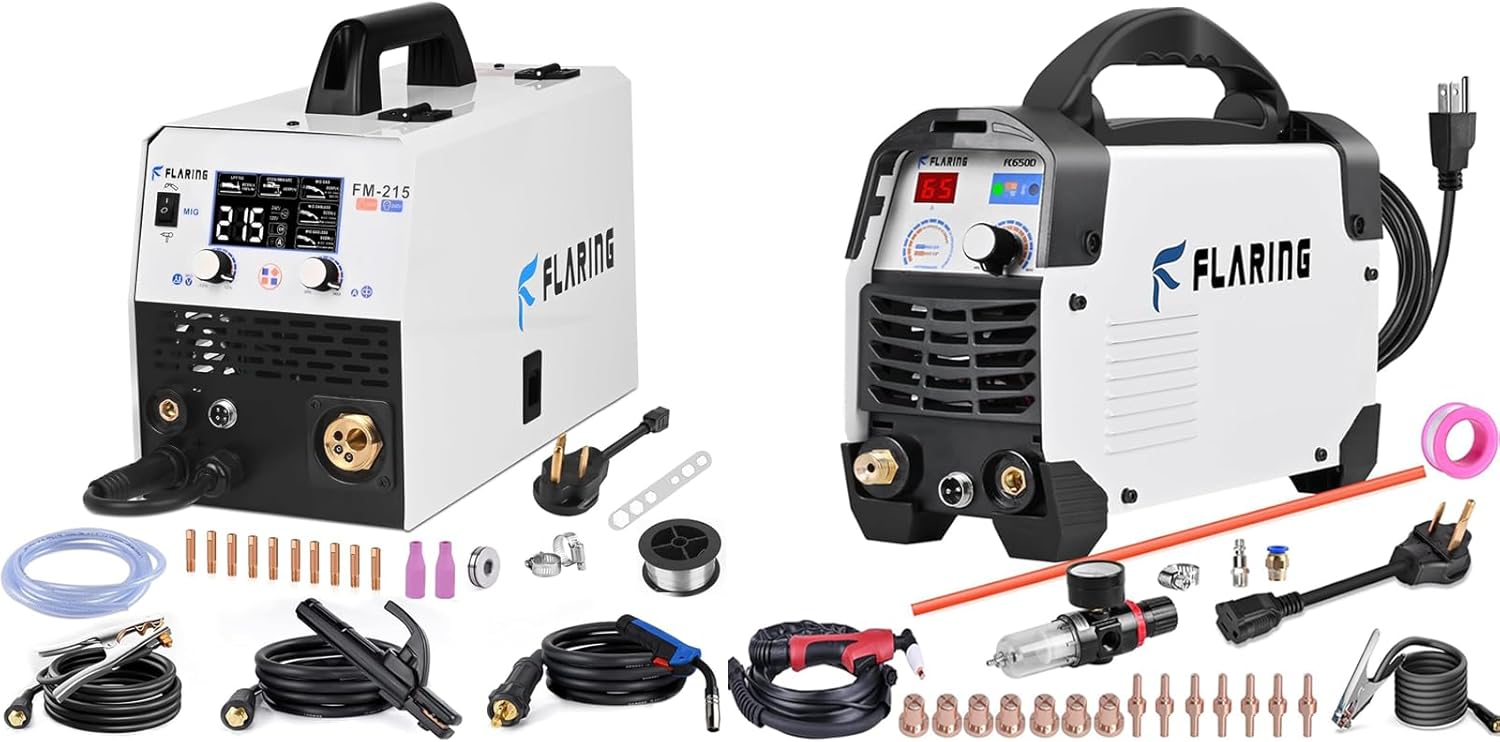 FLARING Plasma Cutter,65 Amp Plasma Cutter Machine 120V 240V 4/5" (20mm) Max Cutting 1/2" (12.7mm) Clean Cut with FLARING MIG Welder 215amp 6 IN 1 Welder Machine 120V/240V 2lbs/11lbs Wire Compatible