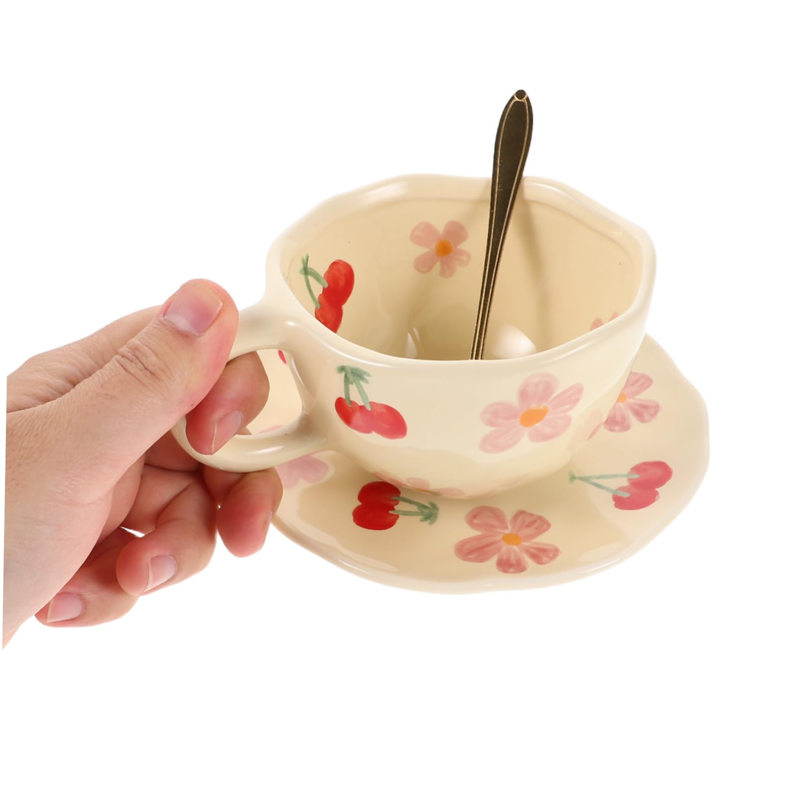 Tasse à Café en Céramique Créative avec Soucoupe et Cuillère, 1 Set Rose