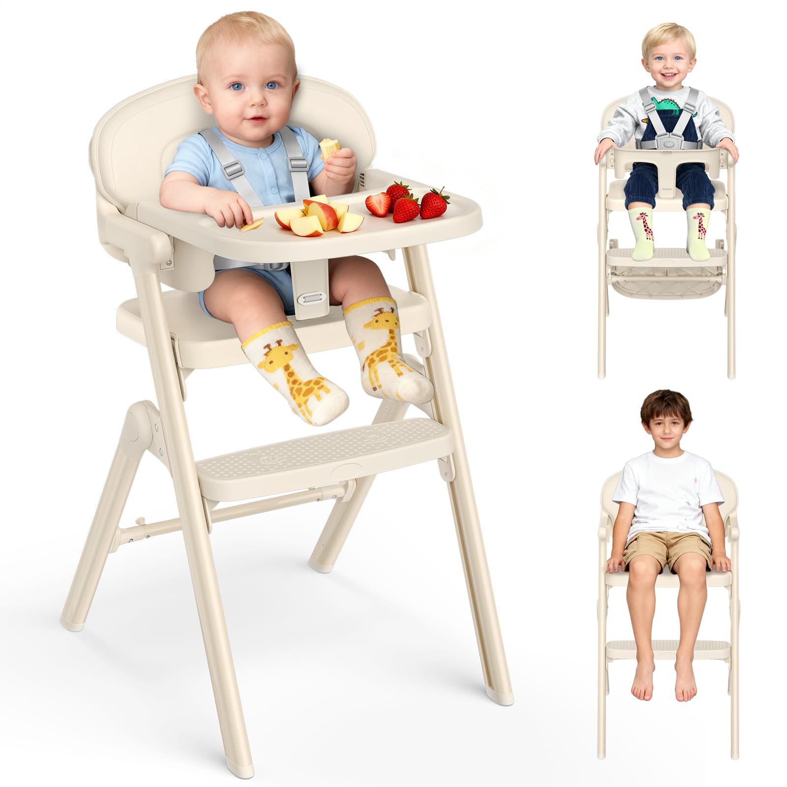 Chaise Haute Bébé Évolutive - de 6 Mois Jusqu'à 90 kg -Chaises Hautes Pliée avec Assise/Repose Pieds Réglables, Amovible Plateau et Coussin/Harnais 5 Points-Conforme à L'ergonomie (Beige)