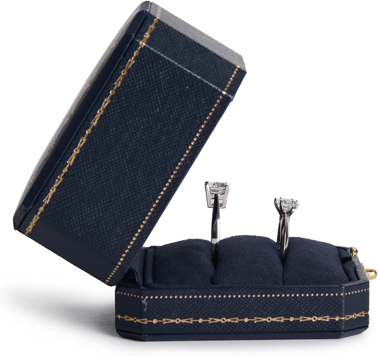 Oirlv Royal Blue Double Ring Box (Jewelry Storage, 2.95x2.95x1.96 inches, Leather, Square, 1 Compartment, 1 Drawer, 0.2 pounds) for Wedding, Anniversary, Engagement, Valentine's Day