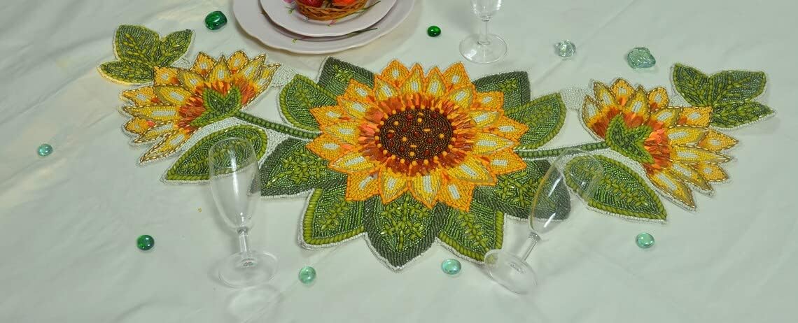 Sunflower Table Runner, Handmade Beaded Table Runner, Designer Table Topper 13X36 Inch