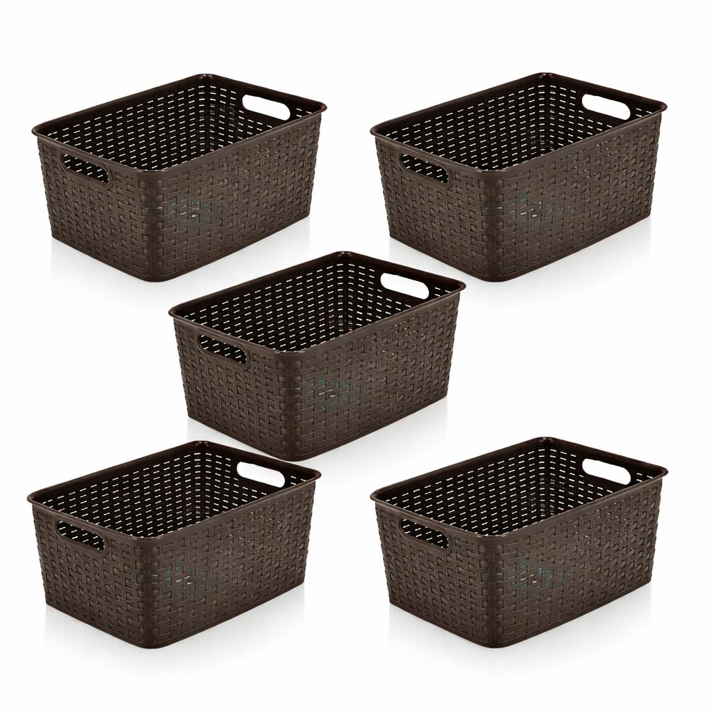 Cesta de almacenamiento 10L Set – Caja de almacenamiento de plástico – Cestas Caja de almacenamiento de caña – Armario, Armario de Cocina y Armario Organizador - 33x22x15,5 cm - Marrón