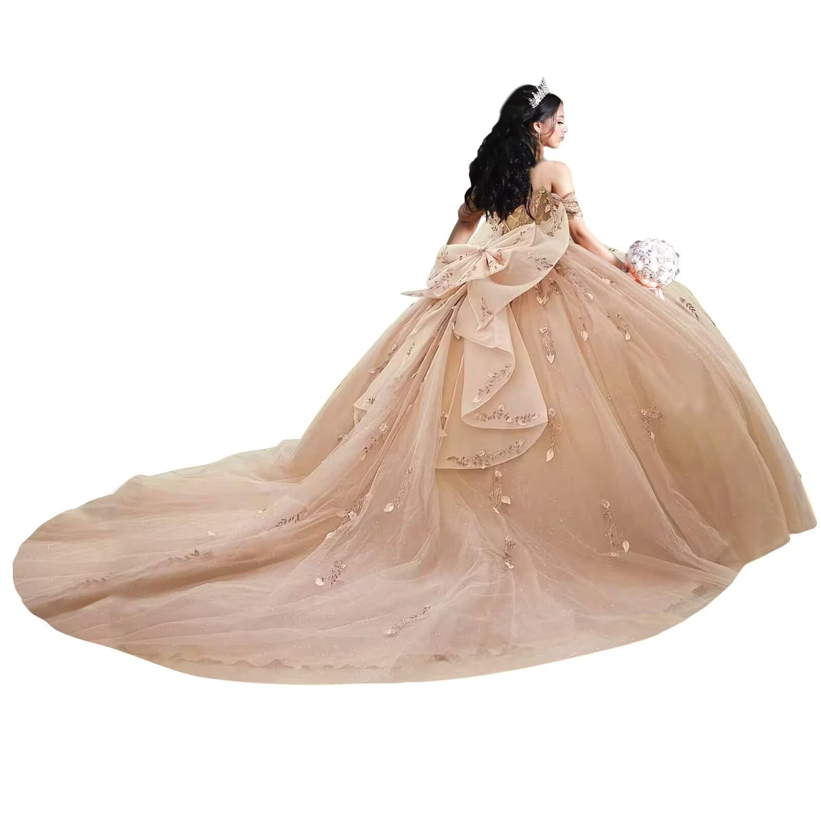 XYAYE Off Shoulder Leaf Quinceanera Dresses with Big Bow Sparkly Tulle Sweet 16 Dresses Puffy Lace Beaded 15 Dress