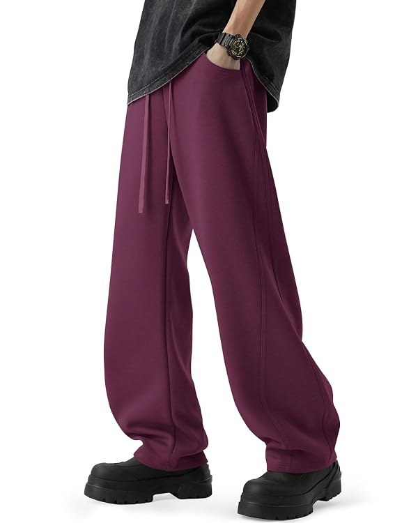 CANGHPGIN Mens Baggy Sweatpants Wide Leg Open Bottom Lounge Pant with Drawstring, Loose Fit Casual Cotton Straight Sweat Pants with Pockets Wine Red by CANGHPGIN - Used condition - Image 2