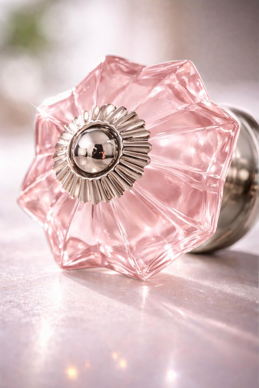 Pink Crystal Glass Cabinet Knobs – Decorative Drawer Pulls with Silver Metal Base, Vintage Flower Design for Kitchen Cabinets, Dresser, Wardrobe & Furniture (Set of 6)