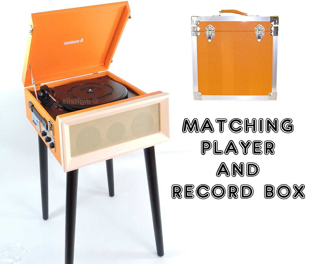 Record Player and Matching Record Storage Box 3 Speed Retro Turntable with Radio,mp3 Playback,Detachable Legs (Orange)