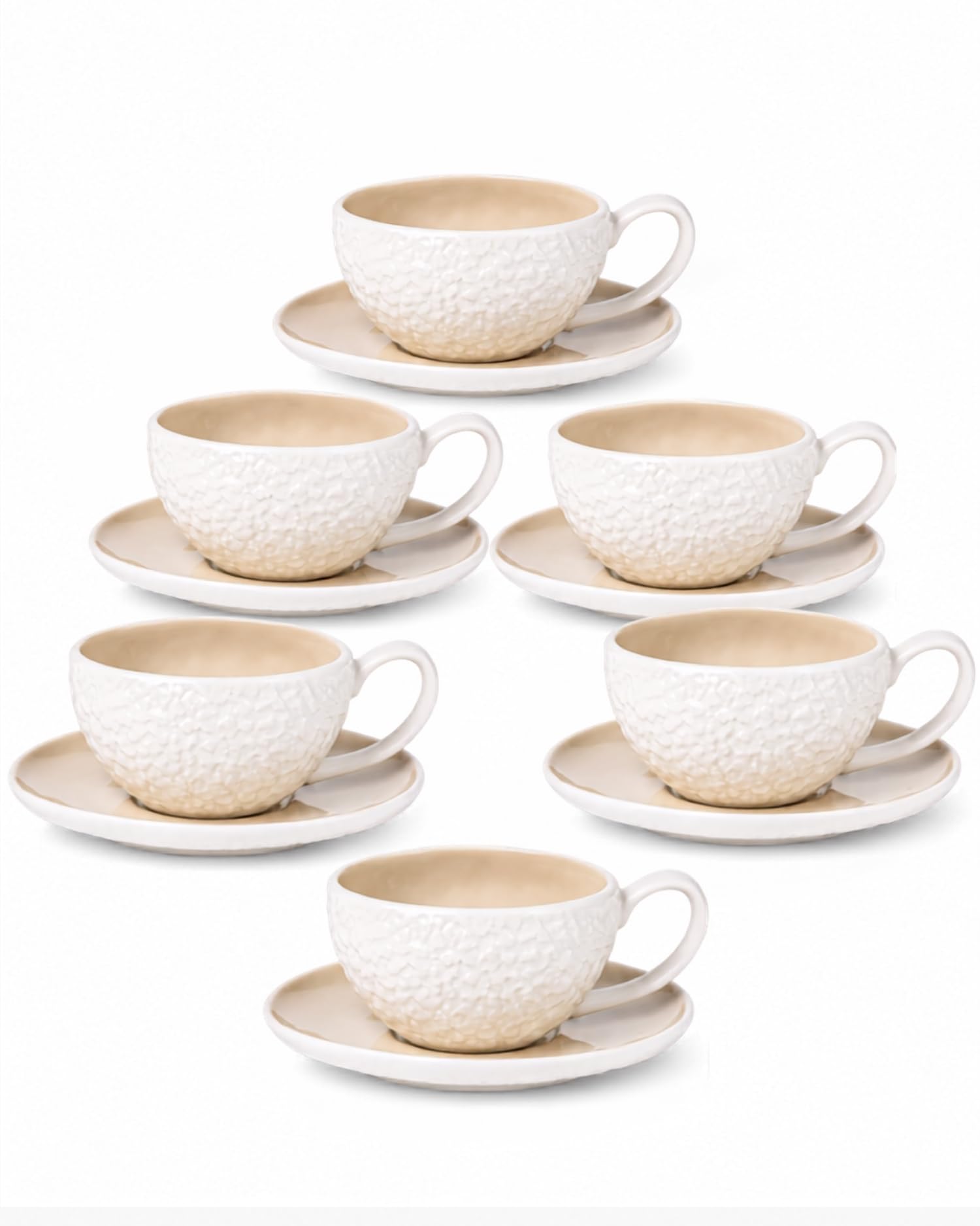 BRICARD Barles Stone Juego de Tazas Espresso 12 Piezas para 6 Personas – 6 Tazas 125 ml con 6 Platos – Porcelana Blanco y Taupe con Relieve – para Espresso, Ristretto y Cortado