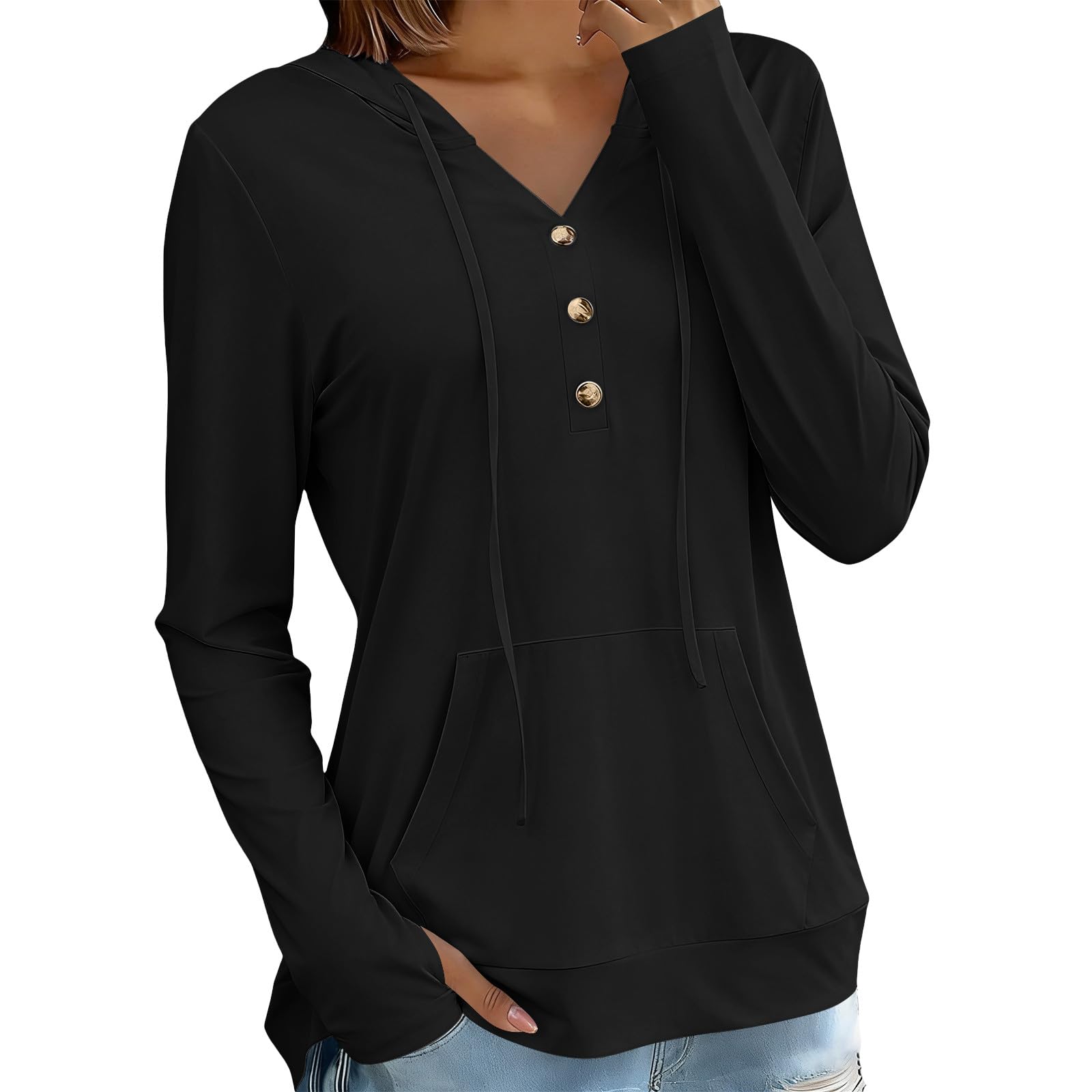 Sonnenschutz Hoodie Damen Sommer Dünne Sweatshirt mit Kapuze Knöpfe V-Ausschnitt Kapuzenpullover Schnelltrocknend Langarmshirt Locker Hoody Oberteile Leichte Langarm Sportshirt Casual Strand Top