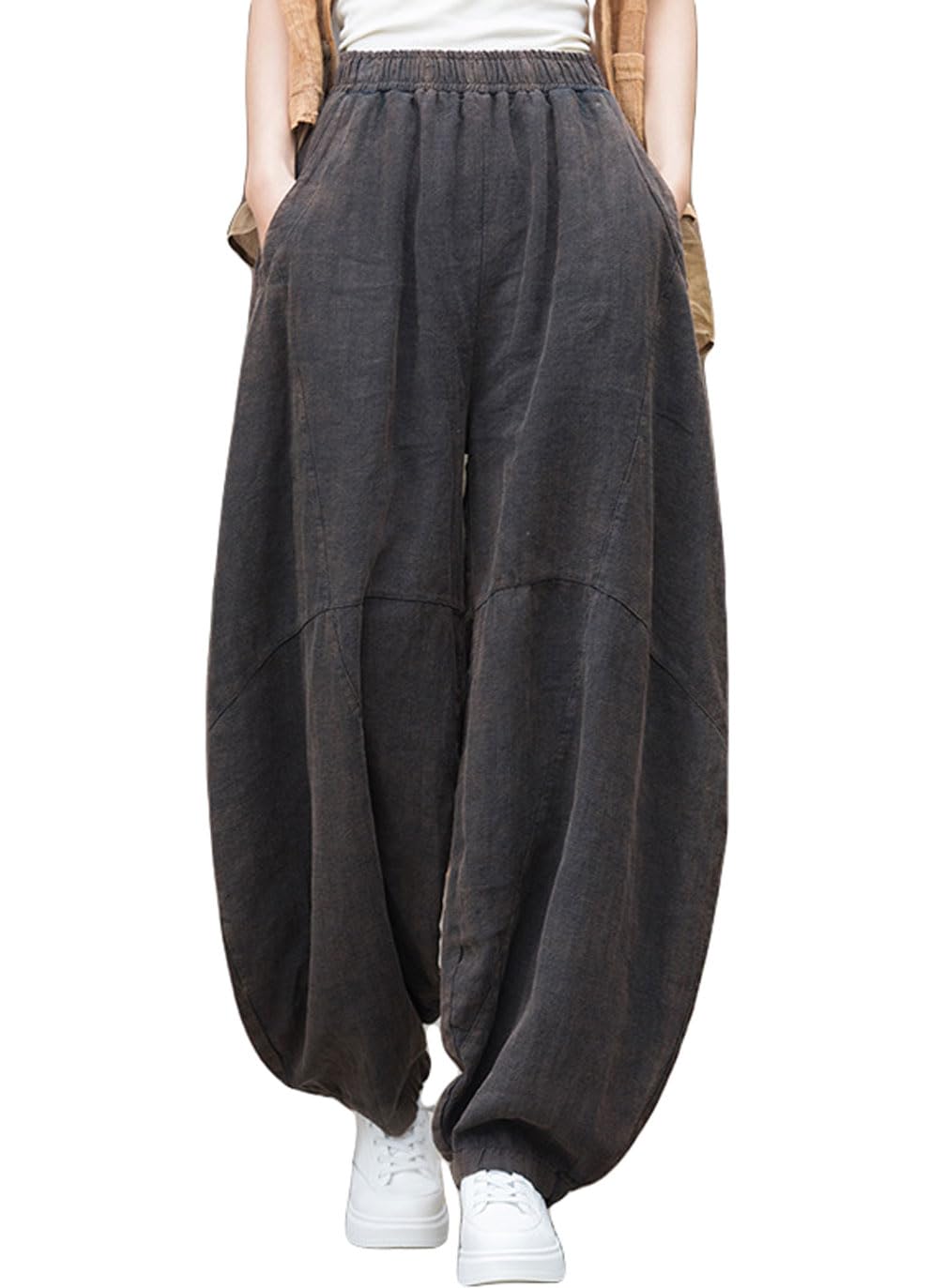 GGUHHU Womens Distressed Cotton-Linen Lantern Pants Loose-Fit High Rise Baggy Slacks Trousers