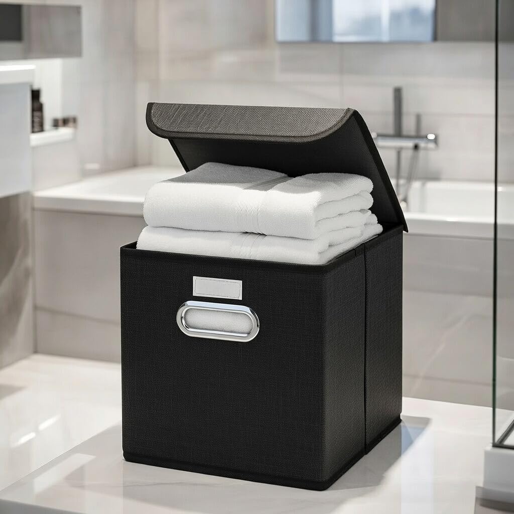Stick&Shine 6er Set Schwarz Faltbox 25 x 25 x 25 cm Aufbewahrungsbox faltbar, mit Deckel