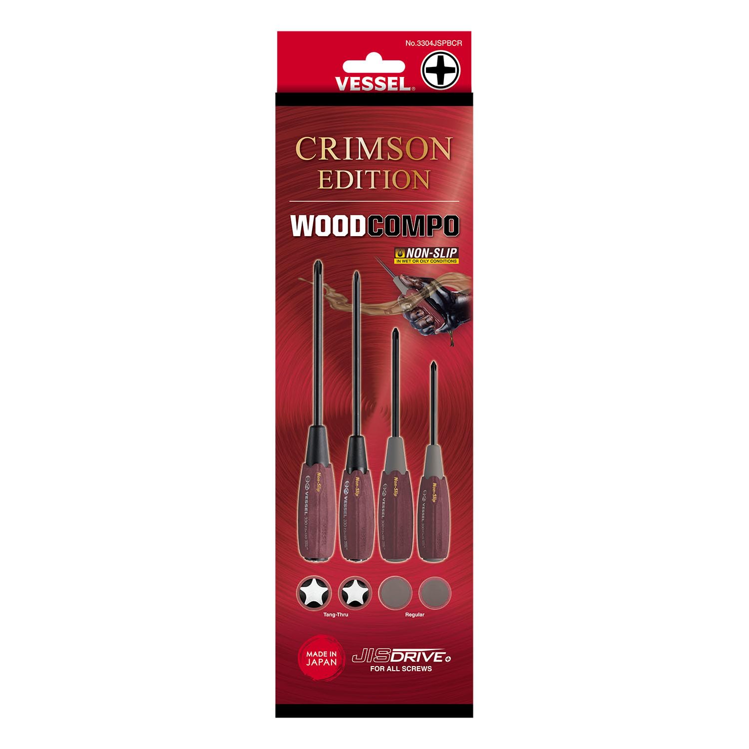 VESSEL WOOD-COMPO JISDRIVE Screwdriver 4PC. Set, Crimson Edition, No: 3304JSPBCR