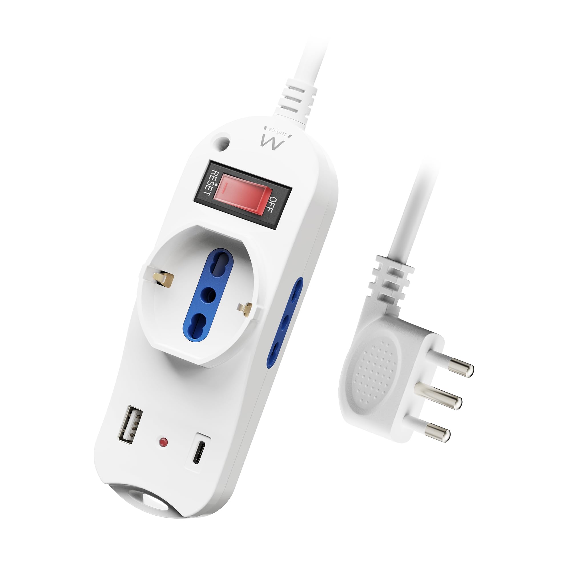 Ewent Listwa zasilająca z 3 gniazdami (2 A/Schuko) i 1 portem USB-A i 1 portem USB-C, przełącznikiem ON/OFF, 2500 W, ochrona przed przeciążeniem i dziećmi, wtyczka IT10A i kabel 1,5 m, biały