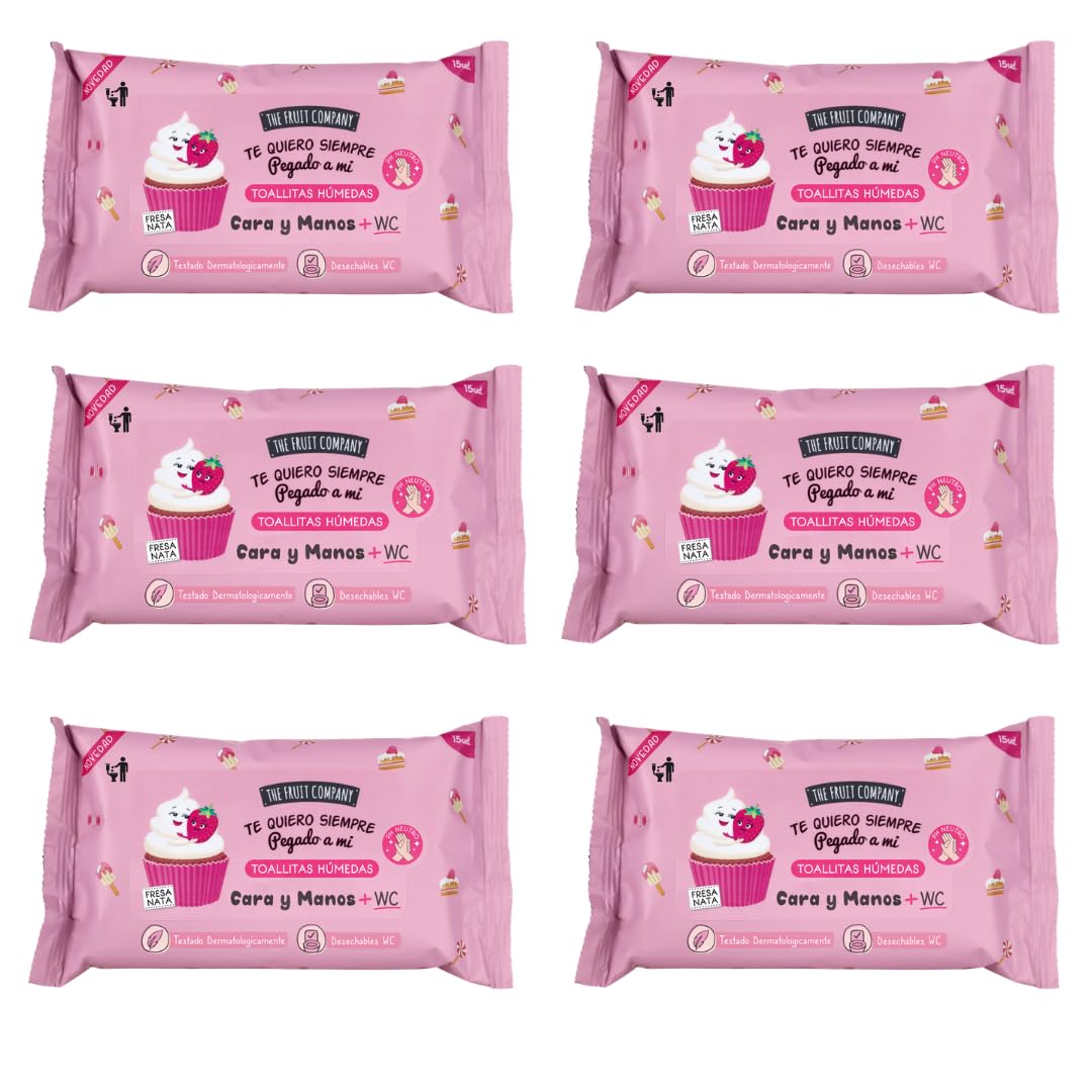 Toallitas Húmedas Fresa Nata Pack 6 x 15 uds – The Fruit Company | Cara, Manos y WC, PH Neutro, Con Aloe Vera y Vitamina E, Desechables